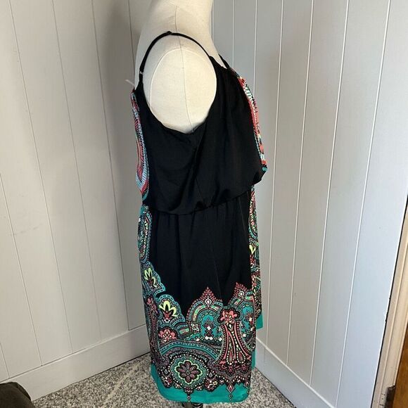 Studio Y Womens Size Large Mini Sundress Black Turquoise Print Adjustable Straps - Picture 4 of 12